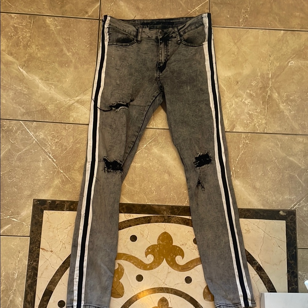 Distressed Gray Jeans with White Stripes